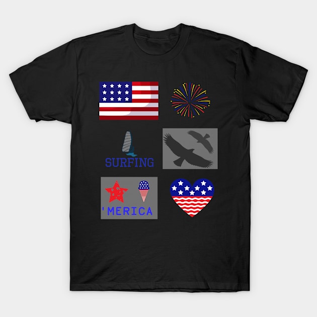 Surfing T shirt with American flag design for  4th July T-Shirt by Pattycool